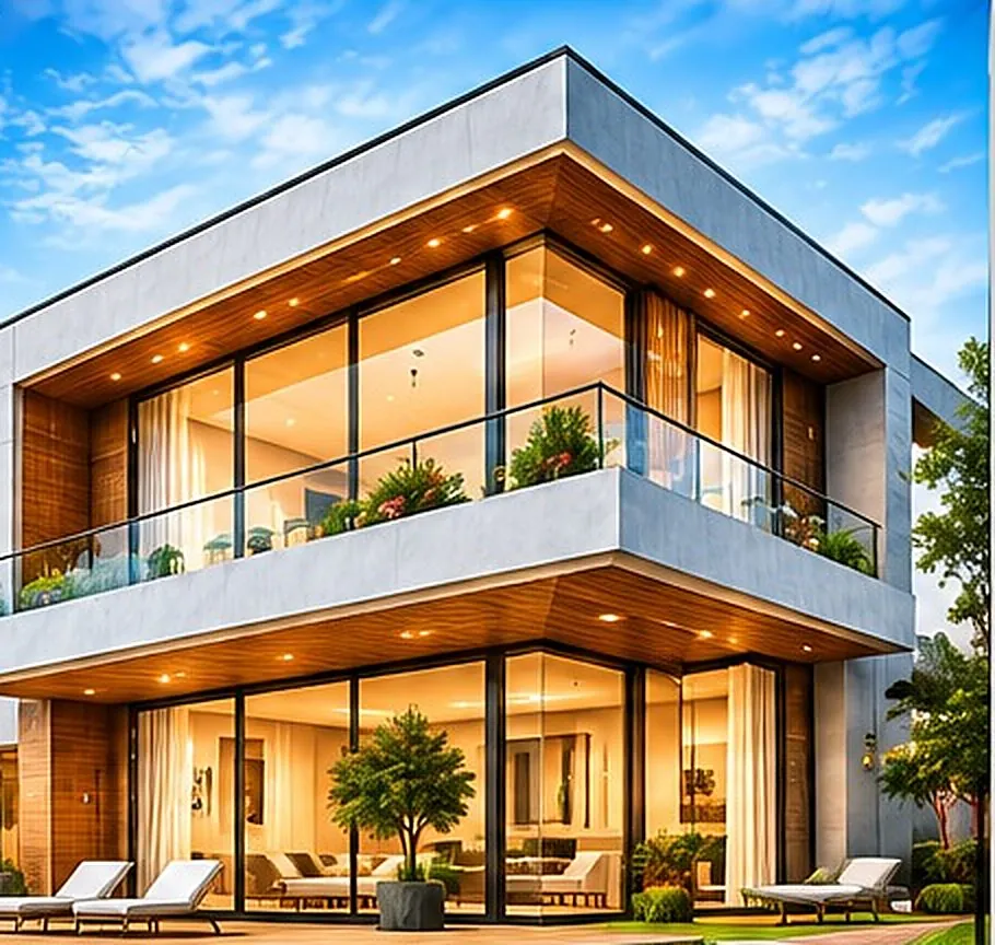 Contemporary two-storey home with glass façade and pool deck